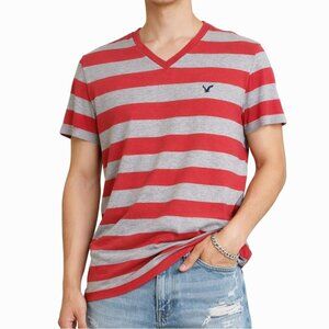 American Eagle T Shirt S Red Gray Striped V Neck Casual Preppy Tee Y2K Casual